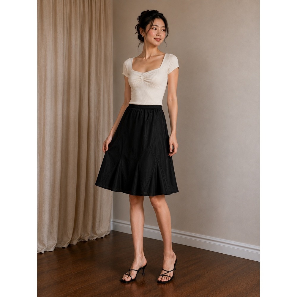 Urban Coco Faux Suede Midi Skirt Womens Large Black Elastic Waist Flared A-Line
